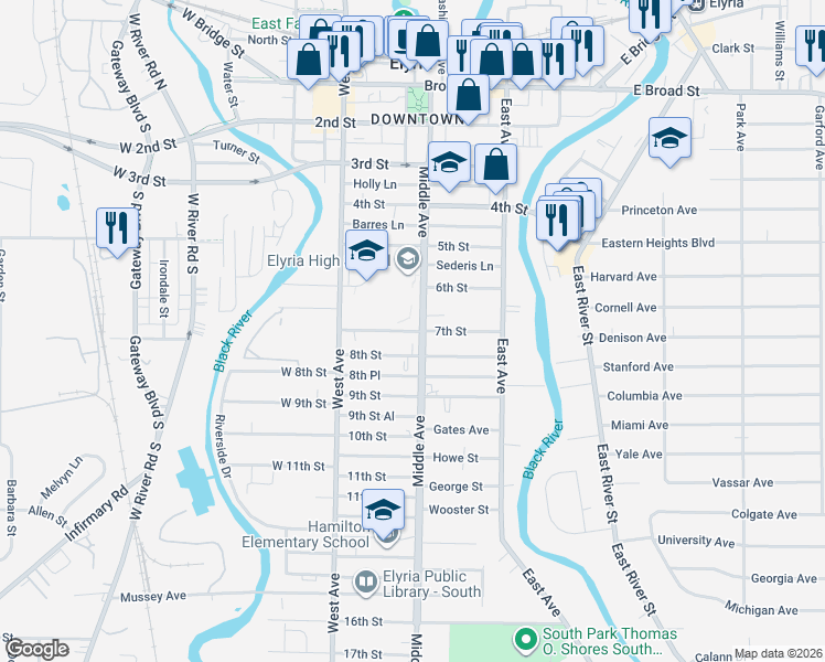 map of restaurants, bars, coffee shops, grocery stores, and more near 311 Vic Janowicz Drive in Elyria