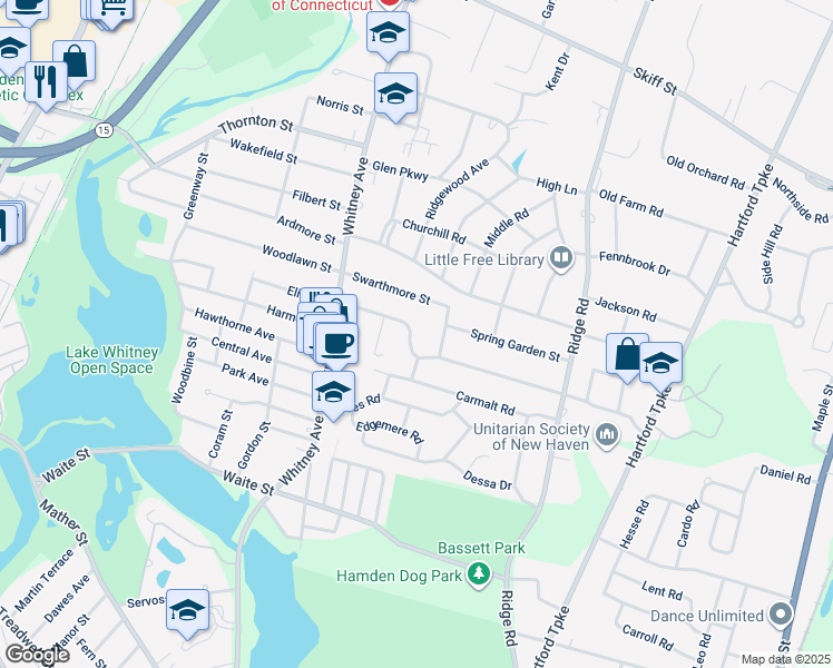 map of restaurants, bars, coffee shops, grocery stores, and more near 78 Haverford Street in Hamden
