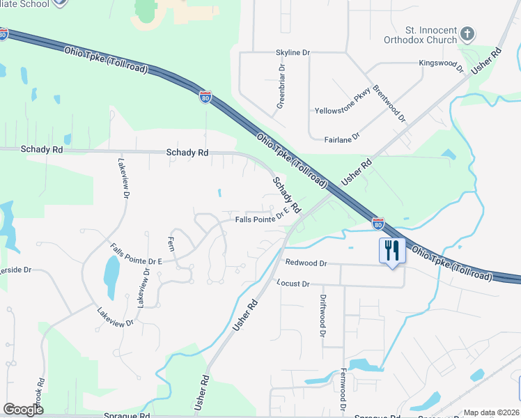 map of restaurants, bars, coffee shops, grocery stores, and more near 26750 Village Lane in Olmsted Falls