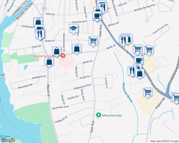 map of restaurants, bars, coffee shops, grocery stores, and more near 73 East Avenue in Westerly