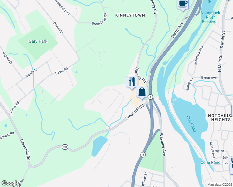 map of restaurants, bars, coffee shops, grocery stores, and more near 53 Brookdale Road in Seymour