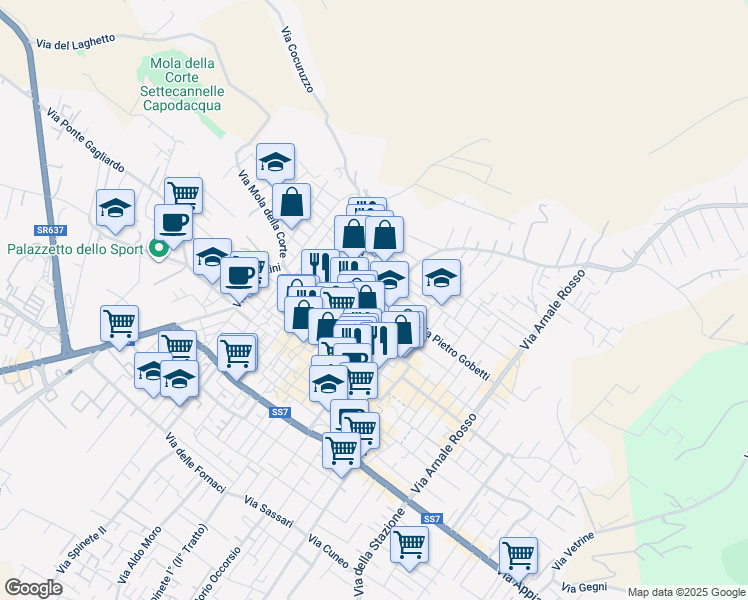 map of restaurants, bars, coffee shops, grocery stores, and more near 11 Via Filippo Turati in Fondi