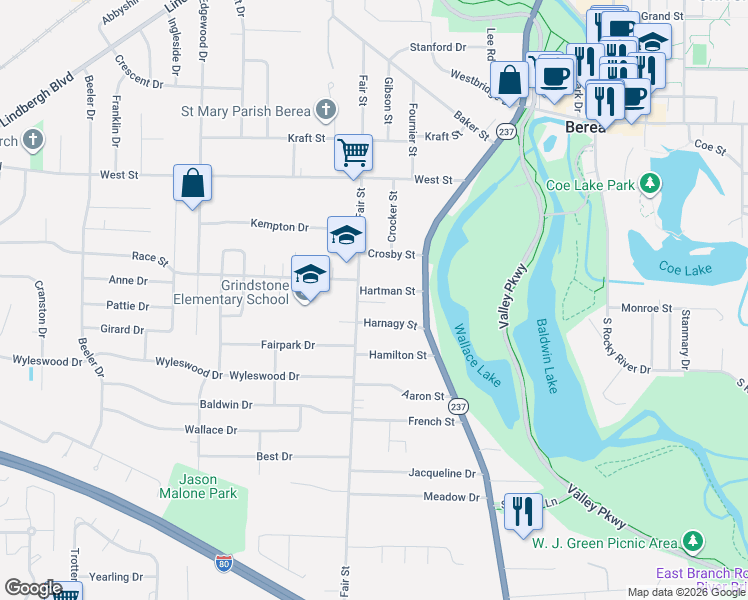 map of restaurants, bars, coffee shops, grocery stores, and more near 417 Fair Street in Berea