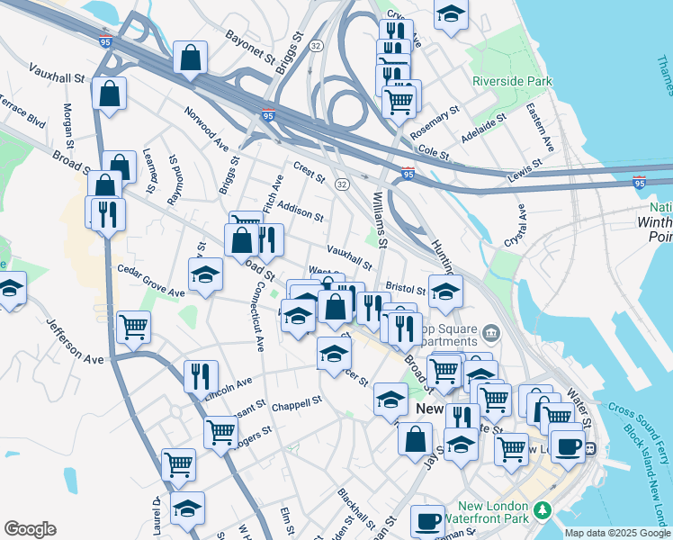 map of restaurants, bars, coffee shops, grocery stores, and more near 48 Vauxhall Street in New London