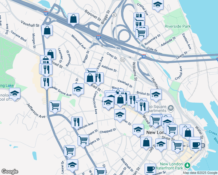 map of restaurants, bars, coffee shops, grocery stores, and more near 38 Center Street in New London