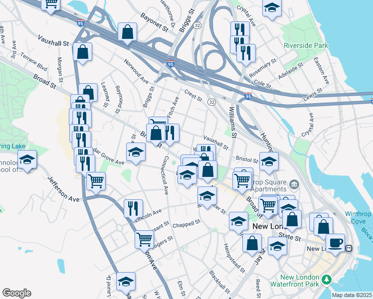 map of restaurants, bars, coffee shops, grocery stores, and more near 38 Center Street in New London