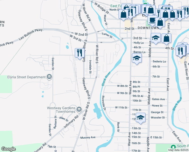 map of restaurants, bars, coffee shops, grocery stores, and more near 6268 West River Road South in Elyria