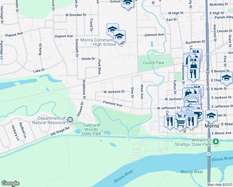 map of restaurants, bars, coffee shops, grocery stores, and more near 752 West Jackson Street in Morris