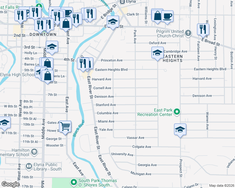 map of restaurants, bars, coffee shops, grocery stores, and more near 227 Cornell Avenue in Elyria
