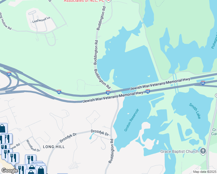 map of restaurants, bars, coffee shops, grocery stores, and more near 598 Buddington Road in Groton