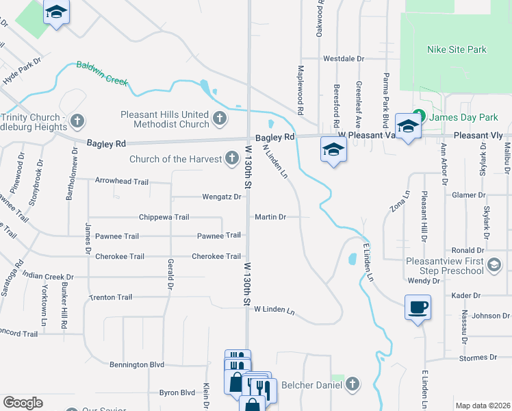 map of restaurants, bars, coffee shops, grocery stores, and more near 7521 West 130th Street in Parma