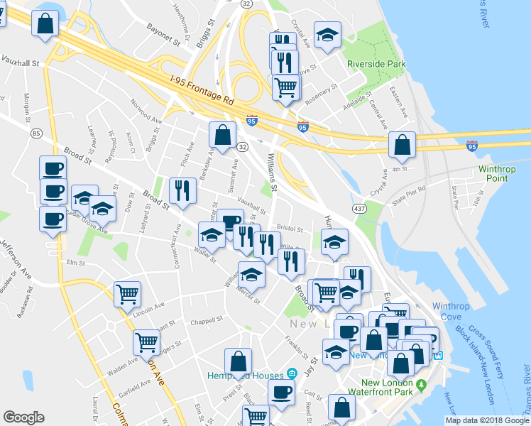 map of restaurants, bars, coffee shops, grocery stores, and more near 7 Vauxhall Street in New London
