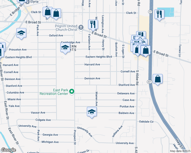 map of restaurants, bars, coffee shops, grocery stores, and more near 618 Denison Avenue in Elyria
