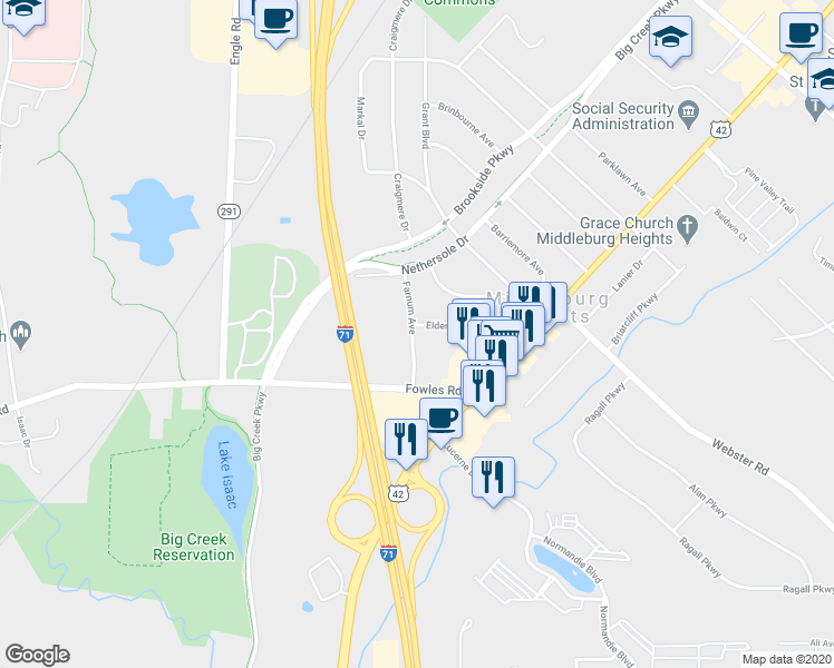 map of restaurants, bars, coffee shops, grocery stores, and more near 16795 Elderdale Drive in Middleburg Heights