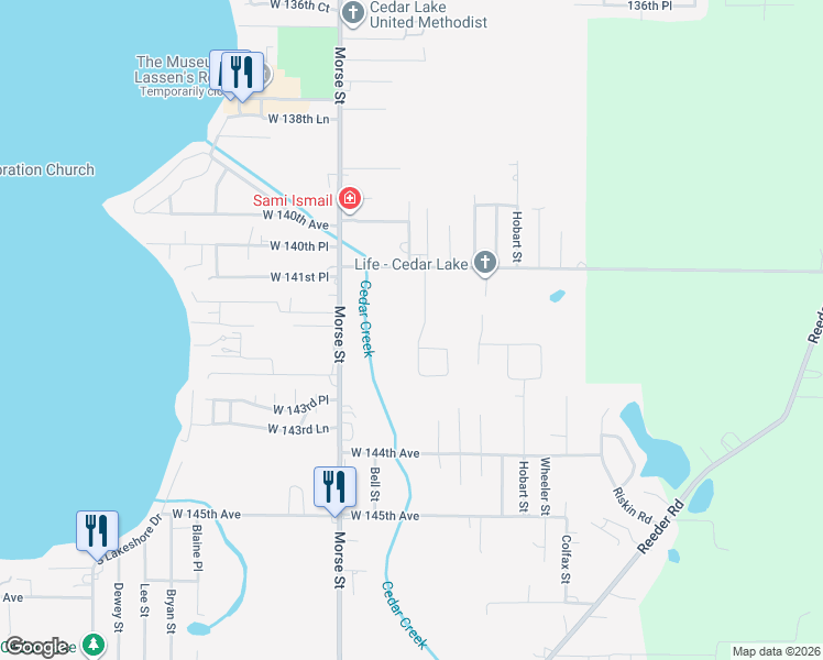 map of restaurants, bars, coffee shops, grocery stores, and more near 14202 Rocklin St in Cedar Lake