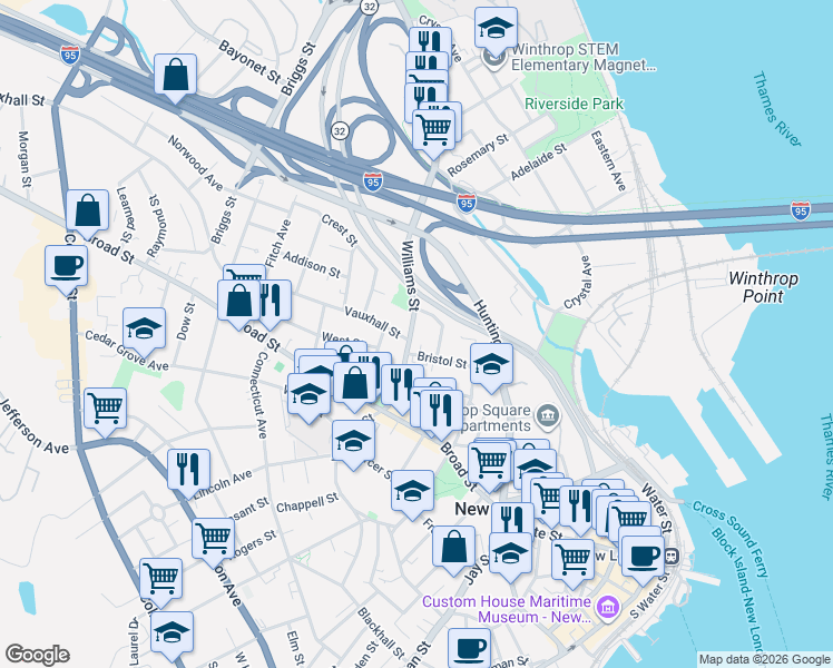 map of restaurants, bars, coffee shops, grocery stores, and more near 7 Vauxhall Street in New London