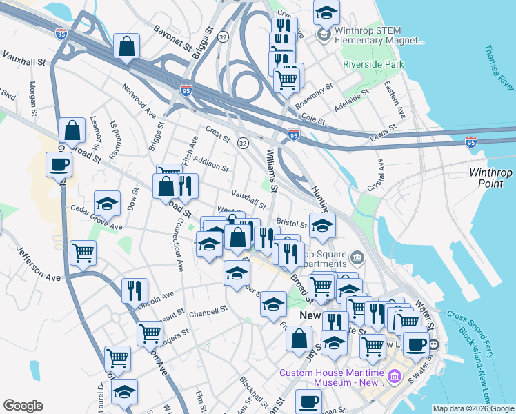 map of restaurants, bars, coffee shops, grocery stores, and more near 7 Vauxhall Street in New London