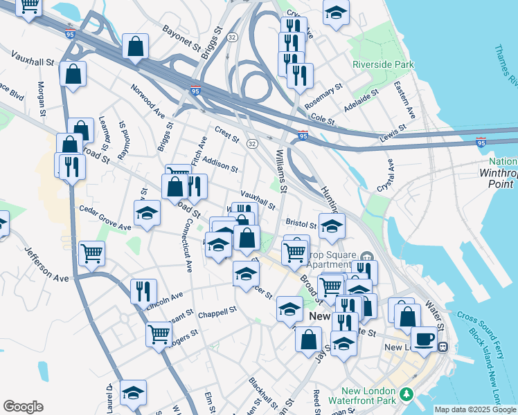 map of restaurants, bars, coffee shops, grocery stores, and more near 48 Vauxhall Street in New London