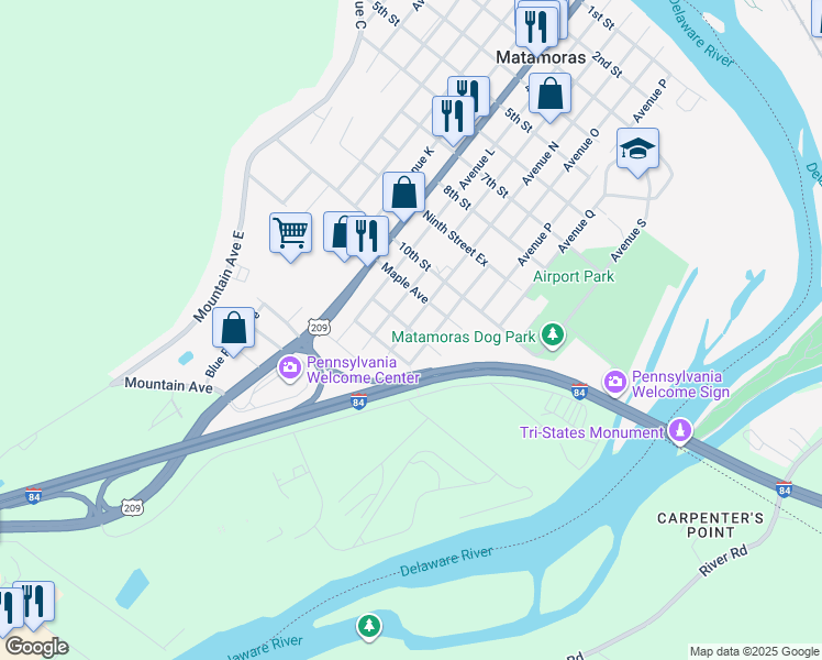 map of restaurants, bars, coffee shops, grocery stores, and more near 107 Oak Avenue in Matamoras