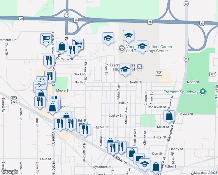 map of restaurants, bars, coffee shops, grocery stores, and more near 1401 North Street in Fremont