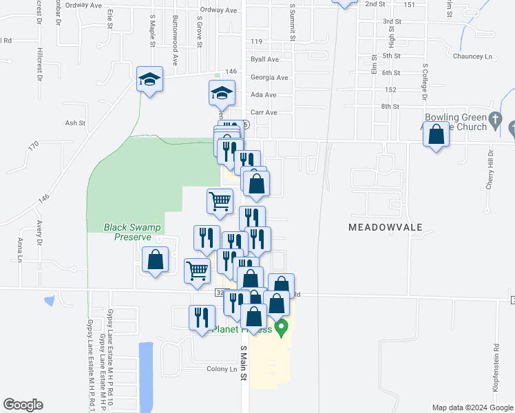 map of restaurants, bars, coffee shops, grocery stores, and more near 991 South Main Street in Bowling Green