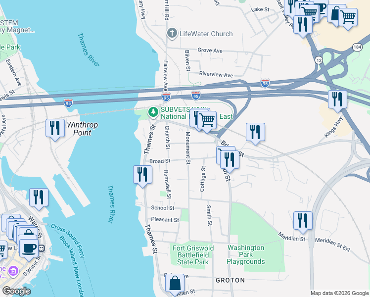 map of restaurants, bars, coffee shops, grocery stores, and more near 29 Spicer Avenue in Groton