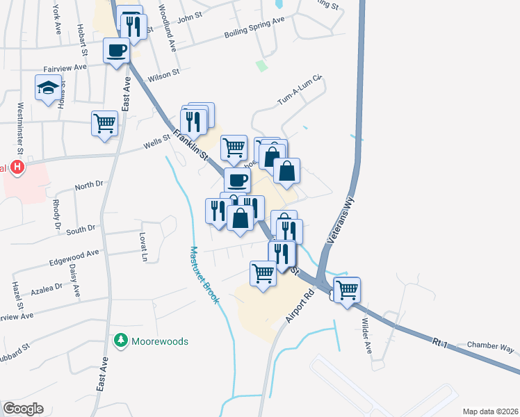map of restaurants, bars, coffee shops, grocery stores, and more near 112 U.S. 1 in Westerly