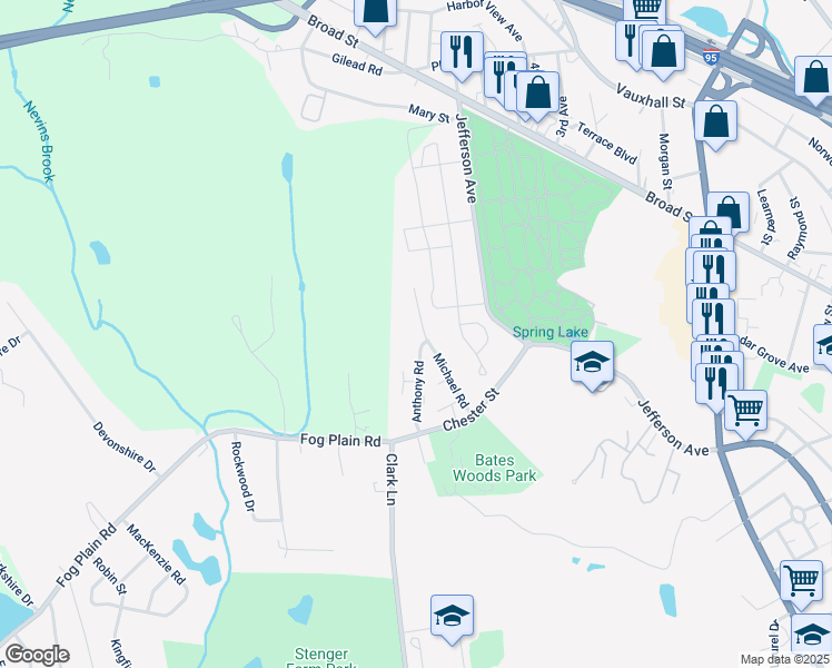map of restaurants, bars, coffee shops, grocery stores, and more near 108 Michael Road in New London