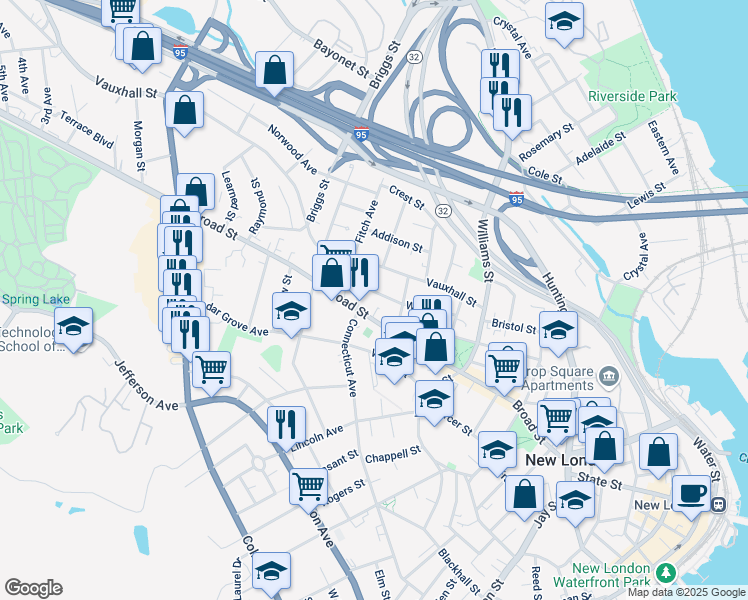 map of restaurants, bars, coffee shops, grocery stores, and more near 80 West Street in New London
