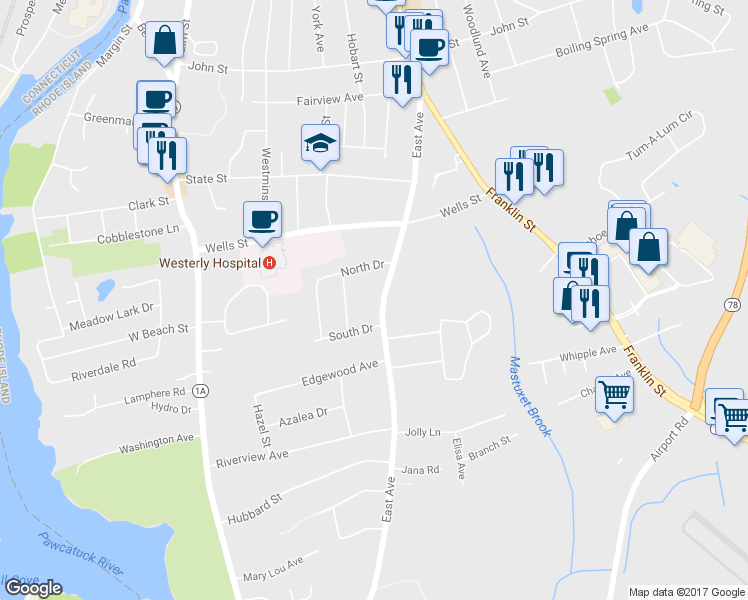 map of restaurants, bars, coffee shops, grocery stores, and more near 73 East Avenue in Westerly