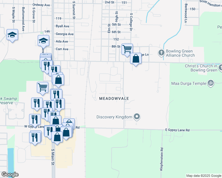 map of restaurants, bars, coffee shops, grocery stores, and more near 912 Klotz Road in Bowling Green