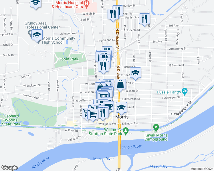 map of restaurants, bars, coffee shops, grocery stores, and more near 525 Liberty Street in Morris