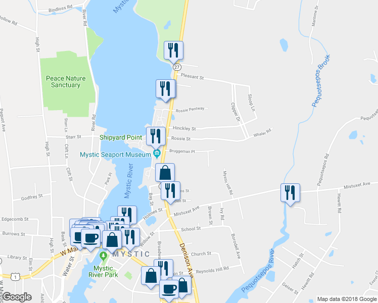 map of restaurants, bars, coffee shops, grocery stores, and more near 19 Bruggeman Place in Stonington
