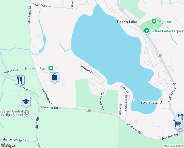 map of restaurants, bars, coffee shops, grocery stores, and more near 41 Lakeside Drive in North Salem
