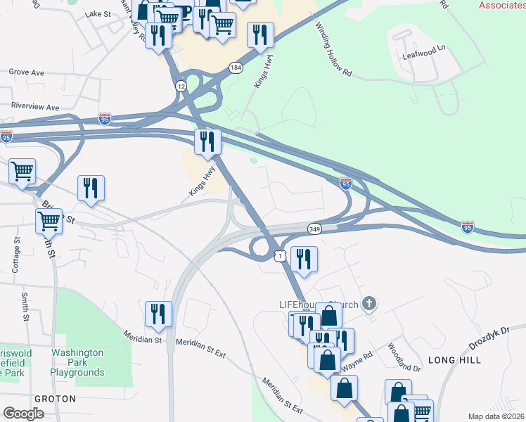 map of restaurants, bars, coffee shops, grocery stores, and more near 1 Winthrop Drive in Groton
