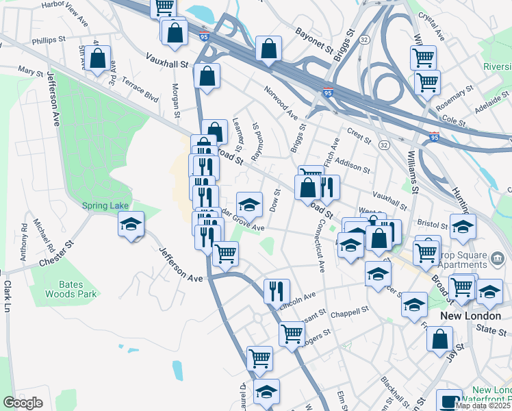 map of restaurants, bars, coffee shops, grocery stores, and more near 39 Georgiana St in New London