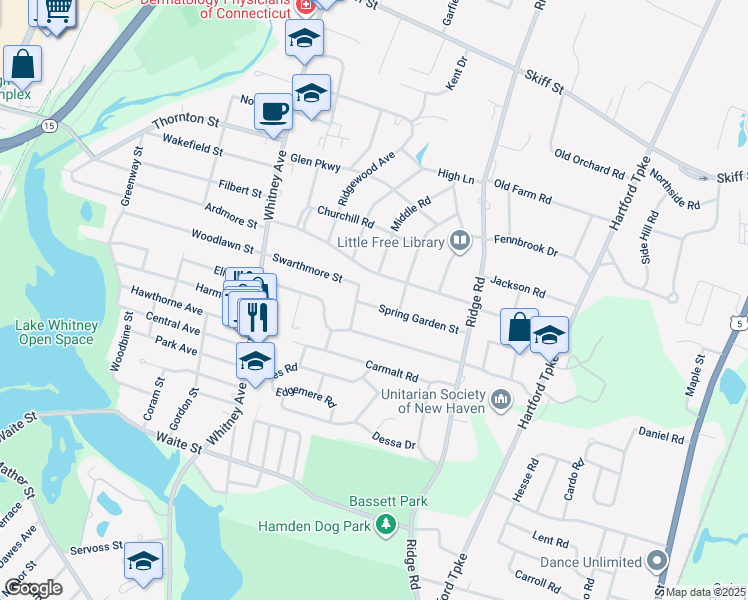 map of restaurants, bars, coffee shops, grocery stores, and more near 20 Spring Garden Street in Hamden