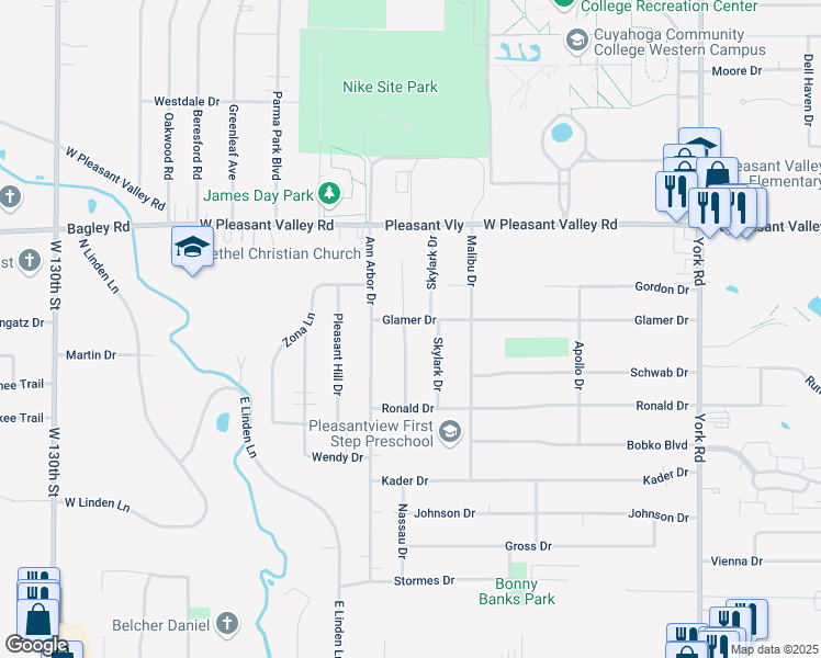 map of restaurants, bars, coffee shops, grocery stores, and more near 11823 Glamer Drive in Parma