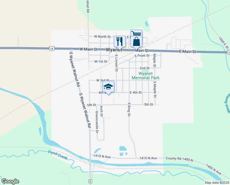 map of restaurants, bars, coffee shops, grocery stores, and more near 110 4th Street in Wyanet