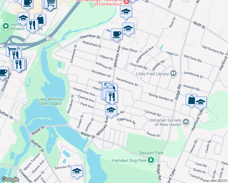 map of restaurants, bars, coffee shops, grocery stores, and more near 1699 Whitney Avenue in Hamden