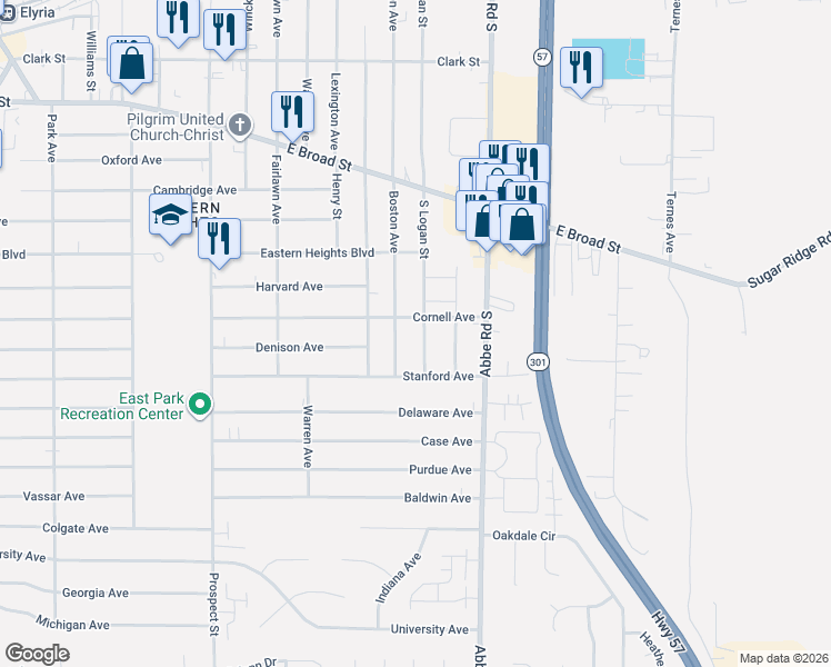 map of restaurants, bars, coffee shops, grocery stores, and more near 806 Boston Avenue in Elyria