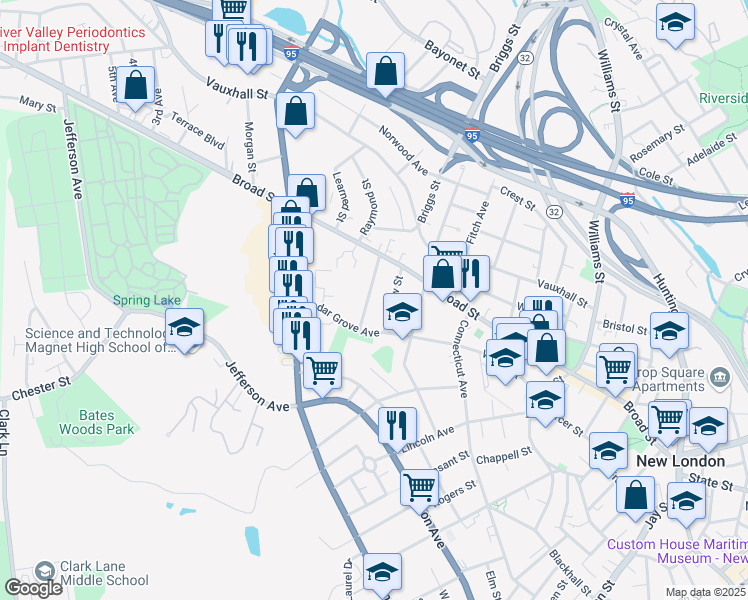 map of restaurants, bars, coffee shops, grocery stores, and more near 31 Georgiana Street in New London