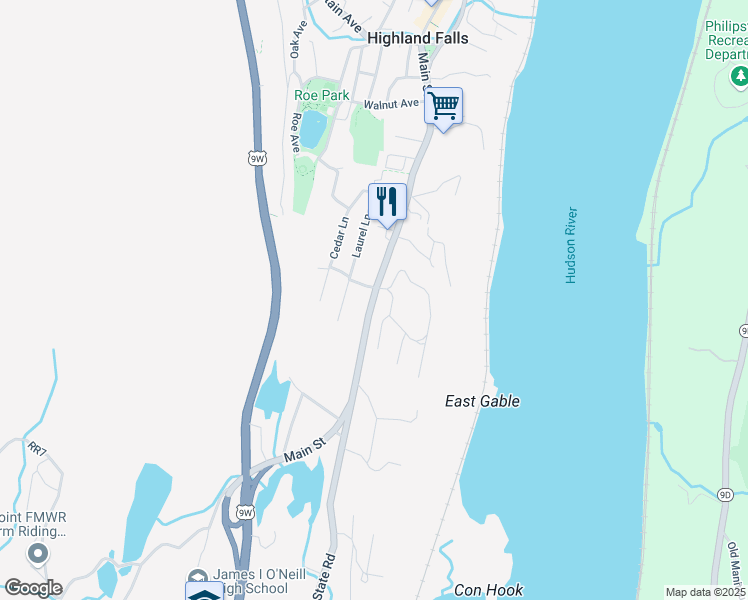 map of restaurants, bars, coffee shops, grocery stores, and more near 112 Main Street in Highland Falls