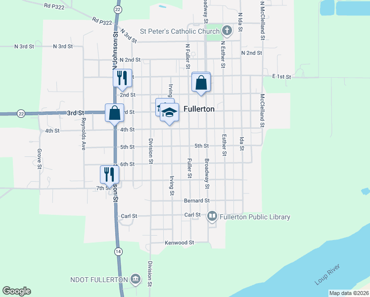 map of restaurants, bars, coffee shops, grocery stores, and more near 501 5th Street in Fullerton