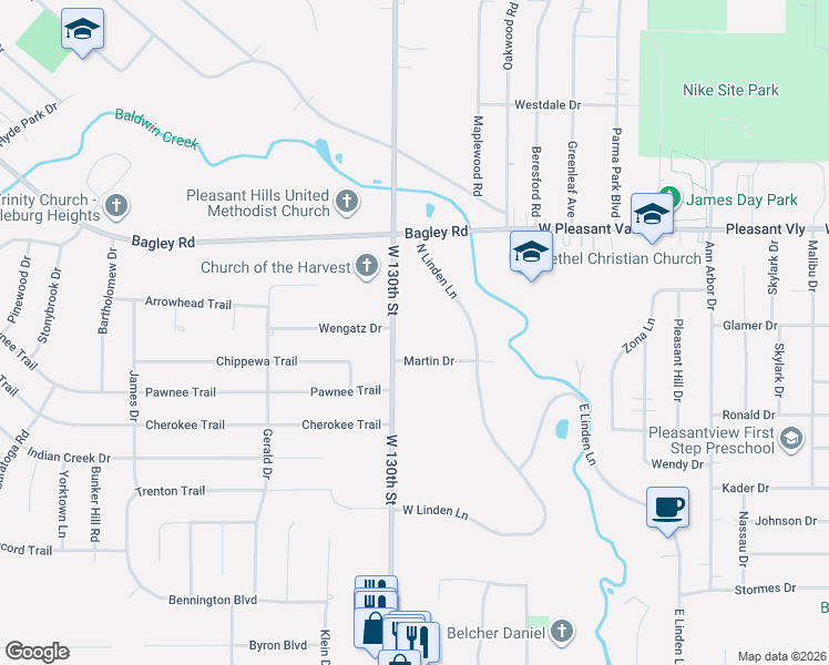 map of restaurants, bars, coffee shops, grocery stores, and more near 7521 West 130th Street in Parma