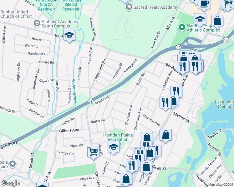 map of restaurants, bars, coffee shops, grocery stores, and more near 180 Battis Rd in Hamden