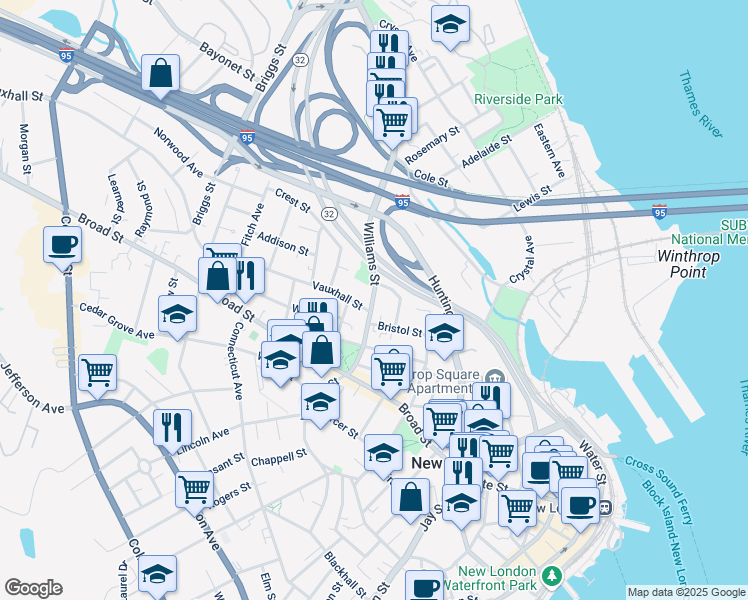 map of restaurants, bars, coffee shops, grocery stores, and more near 7 Vauxhall Street in New London