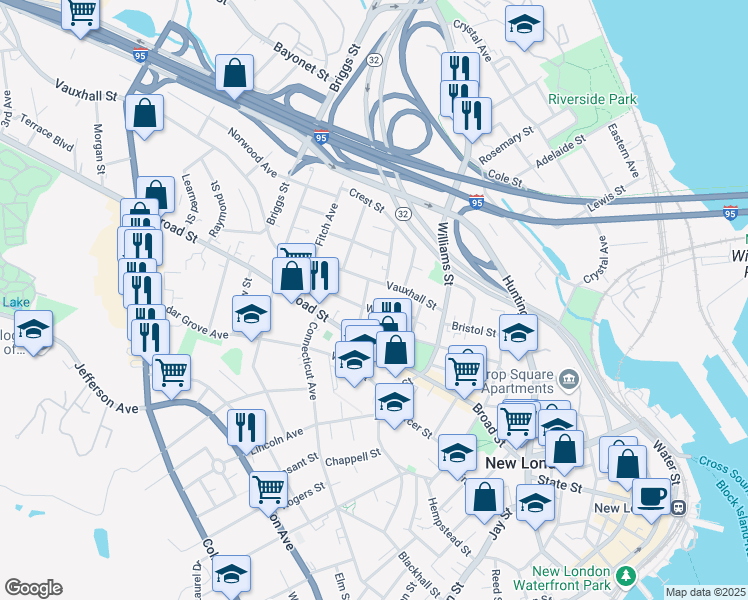 map of restaurants, bars, coffee shops, grocery stores, and more near 38 Center Street in New London