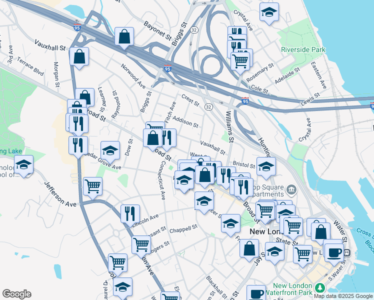 map of restaurants, bars, coffee shops, grocery stores, and more near 38 Center Street in New London