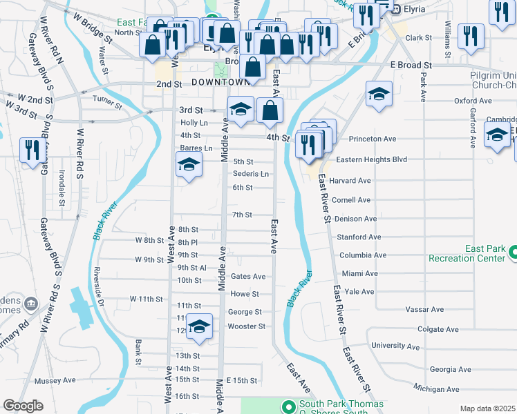 map of restaurants, bars, coffee shops, grocery stores, and more near 227 7th Street in Elyria